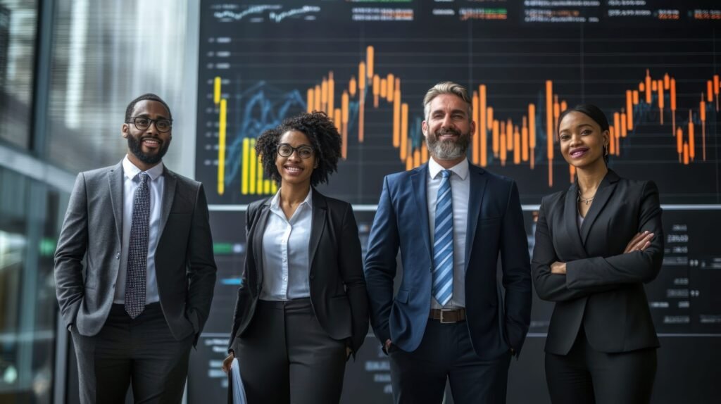 A diverse group of four business professionals stand in front of a large screen displaying financial data. They are all smiling and look confident.